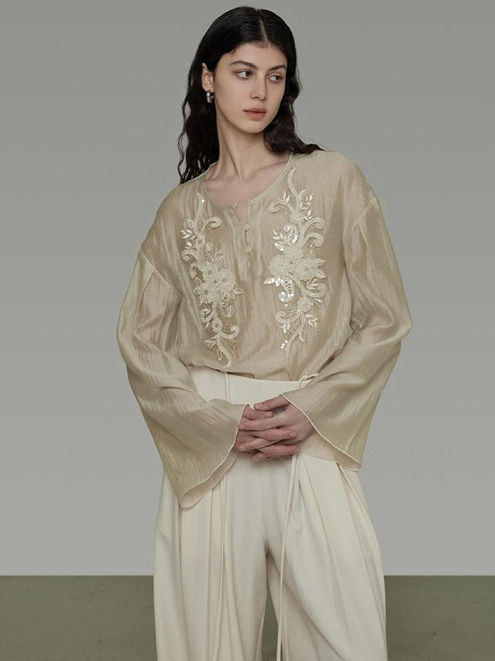 unspoken Breathable Lyocell Embroidered Vintage Loose Round Neck Women Almond Blouses