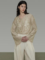 unspoken Breathable Lyocell Embroidered Vintage Loose Round Neck Women Almond Blouses