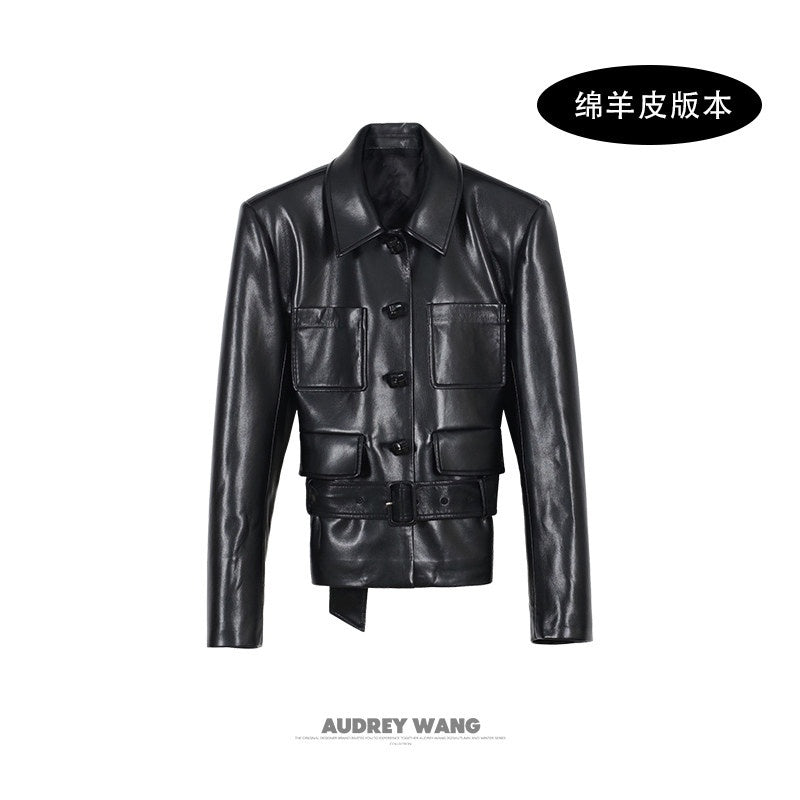 audreyyang_Belted_Lambskin_Slim_Fit_Short_Lapel_Long_Sleeve_Black_Genuine_Leather_Jackets_MISSTT