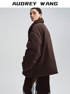 audreyyang Warm 90% Duck Down Loose Casual Stand Collar Women Chocolate Brown Down Jackets