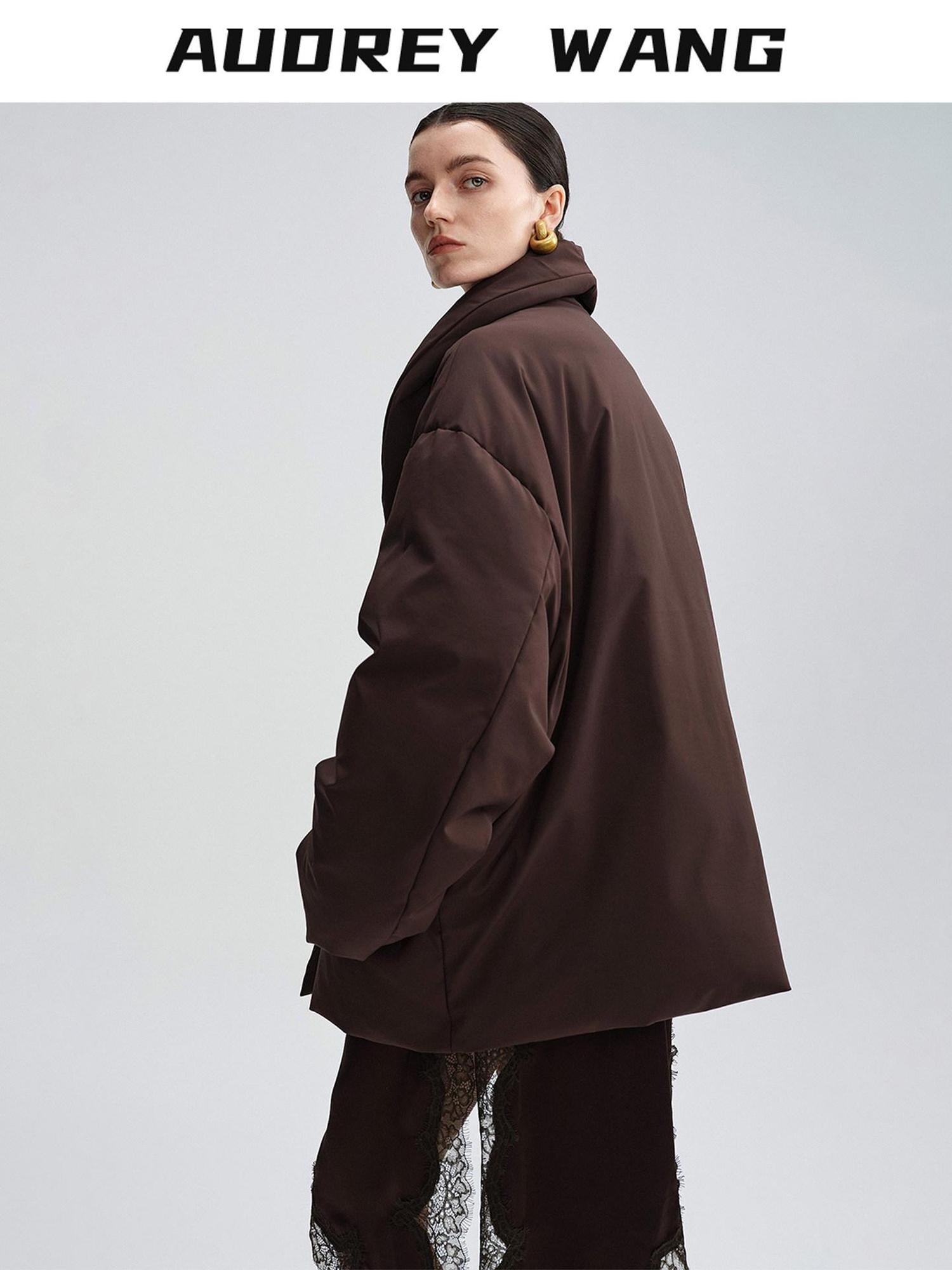 audreyyang Warm 90% Duck Down Loose Casual Stand Collar Women Chocolate Brown Down Jackets