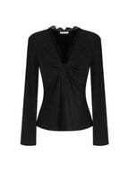 unspoken Breathable Lyocell Lace Slim Fit V-neck Long Sleeve Women Black Blouses
