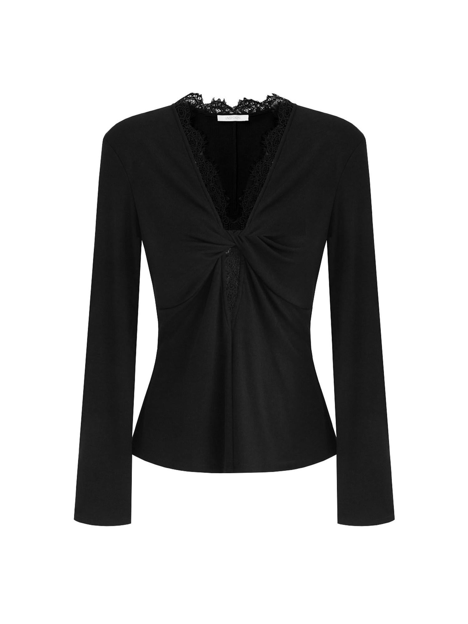 unspoken Breathable Lyocell Lace Slim Fit V-neck Long Sleeve Women Black Blouses