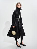 audreyyang Detachable Belt Pure Cotton Loose Long Single Breasted Women Black Trench Coats