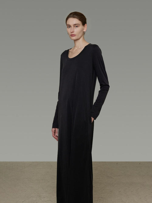 unspoken Breathable Knit Relaxed H Shape Loose Waist Long Sleeve Women Black Maxi Dresses
