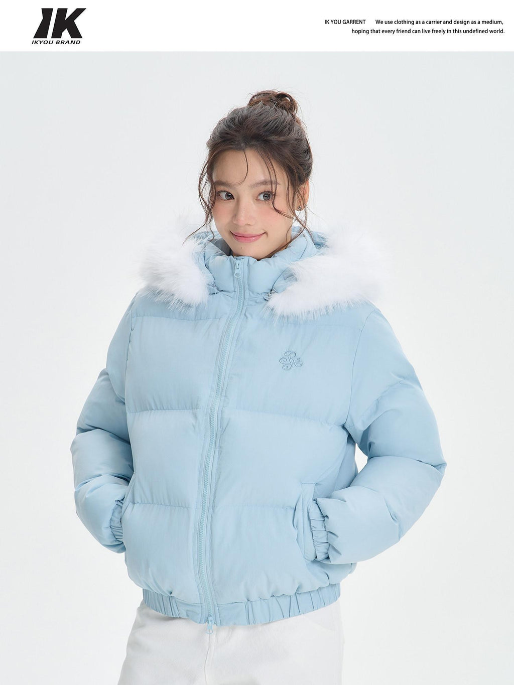 ikyou Thick Embroidered Detachable Hood Straight Fit Commuter Polyester Puffer Jackets