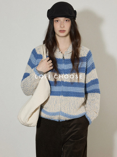 Lofi choose Acrylic Wool Blend Colorblock Striped Lapel Loose Fit Women Zip Front Cardigans
