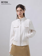 ikyou Stretch Pu Cropped Stand Collar Zipper Casual Women Cream Leather Jackets