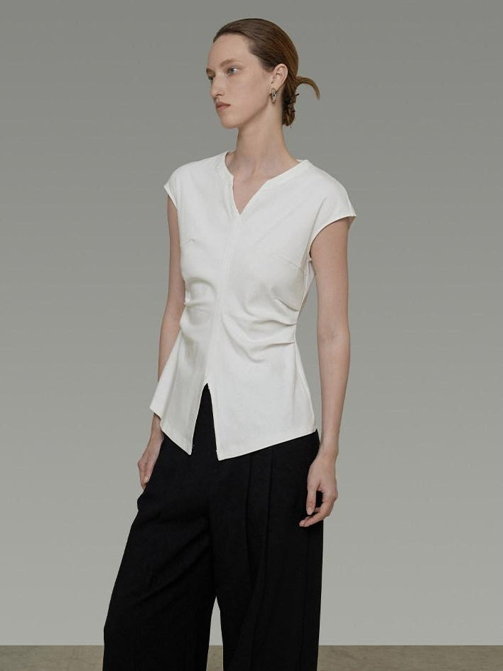 unspoken Soft Cotton V-neck Slim Fit Minimalist Women Black White Off Shoulder Crop Tops