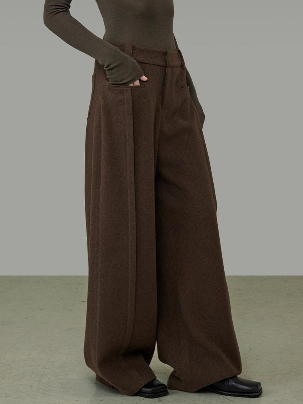 unspoken High Waist Pocketed Minimalist Office Brown Polyester Blend Wide Leg Pants