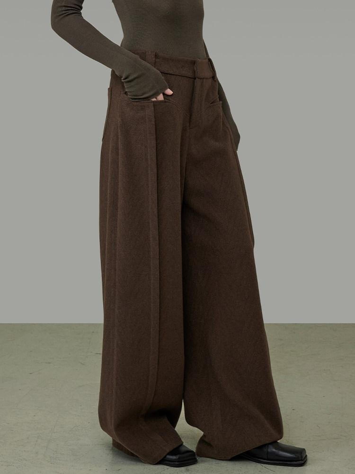 unspoken High Waist Pocketed Minimalist Office Brown Polyester Blend Wide Leg Pants