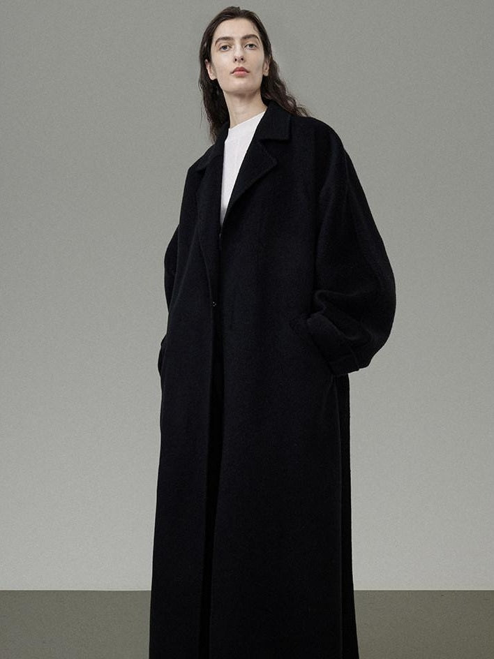 unspoken 100 Percent Wool Minimal Straight Long Tie Office Women Black Wool Coats