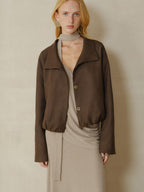 someonesometimes Stretch Polyester Vintage Loose Short Zip Women Coffee Brown Cropped Jackets