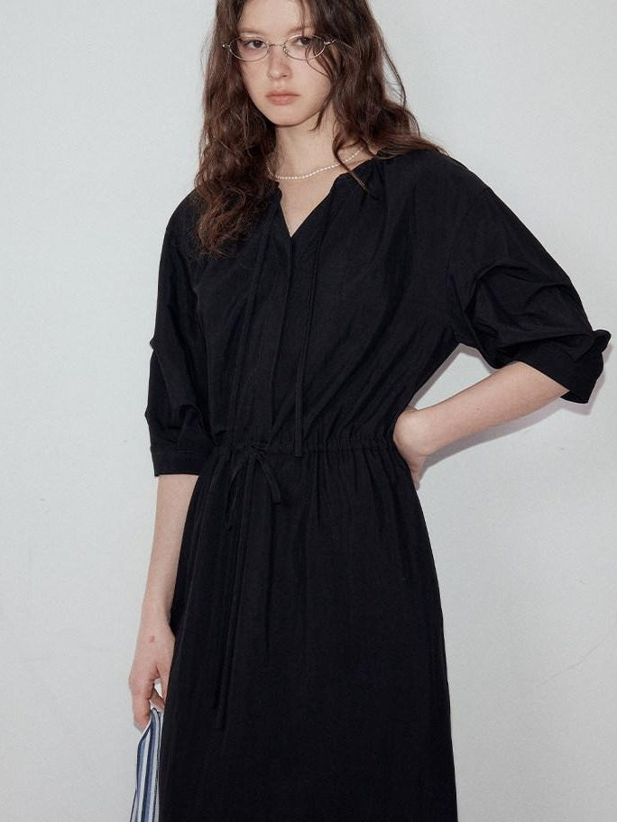 fano Flattering Tied Waist Workwear A Line V-neck Women Viscose Nylon Black Maxi Dresses