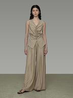 unspoken High Waist Pleated Elastic Workwear Khaki Viscose Wide Leg Pants