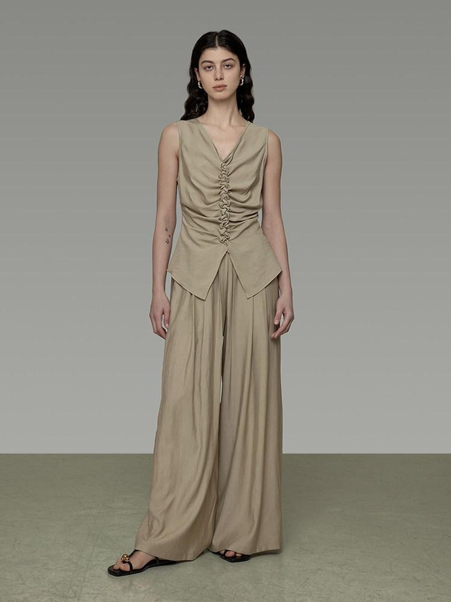 unspoken High Waist Pleated Elastic Workwear Khaki Viscose Wide Leg Pants