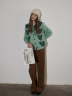 Lofi choose Soft Polyester Wool Knit Romantic Colorblock Heart Button Women Cardigans