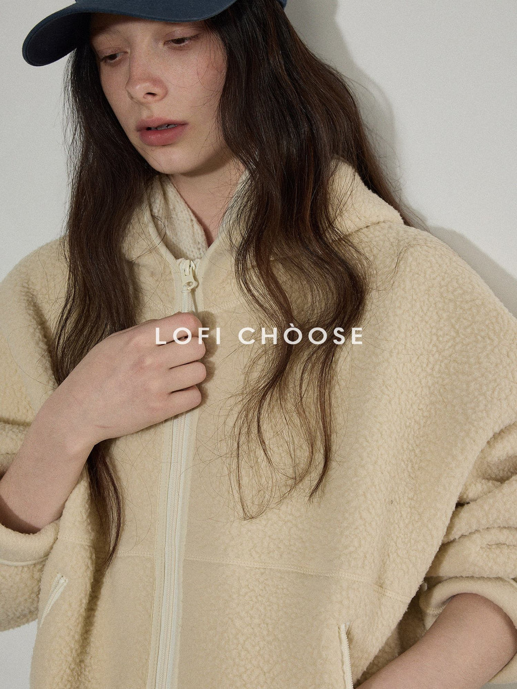 Lofi choose Thick Zippered Hooded Oversized Commuter For Women Apricot Plush Fleece Hoodie