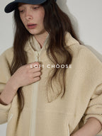 Lofi choose Thick Zippered Hooded Oversized Commuter For Women Apricot Plush Fleece Hoodie