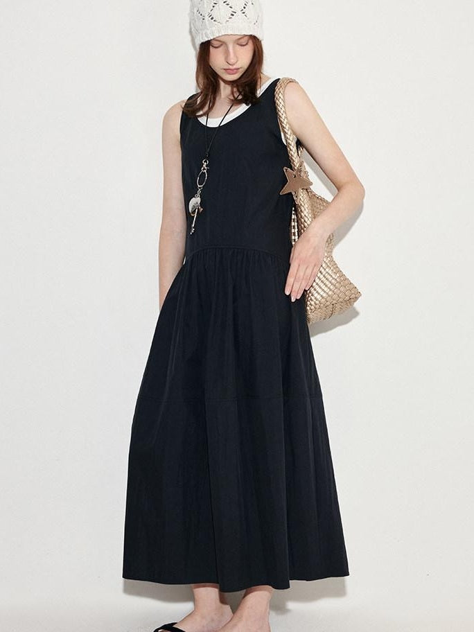 fano Black Cotton Blend A Line Sleeveless Round Neck Natural Waist Women Maxi Dresses