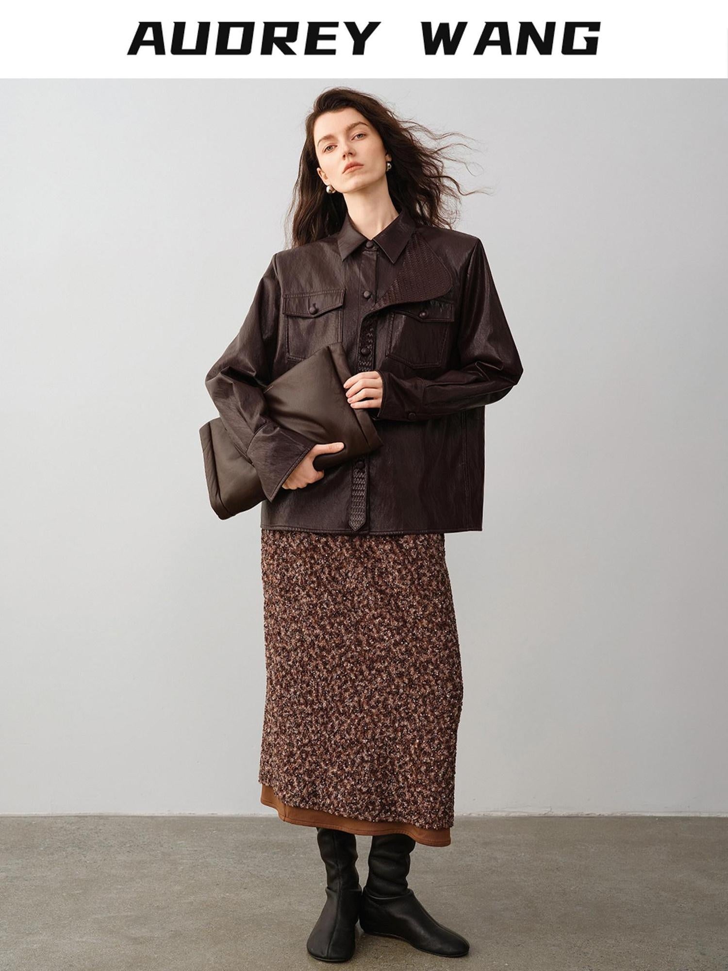 audreyyang Stretch Sculpting Mid Waist Pencil Slim Fit Brown Women Polyester Maxi Skirts
