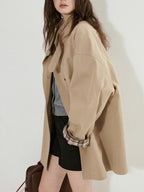 fano Khaki Loose Fit Single Breasted Mid Length Korean Casual Women Trench Coats