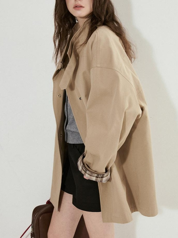 fano Khaki Loose Fit Single Breasted Mid Length Korean Casual Women Trench Coats