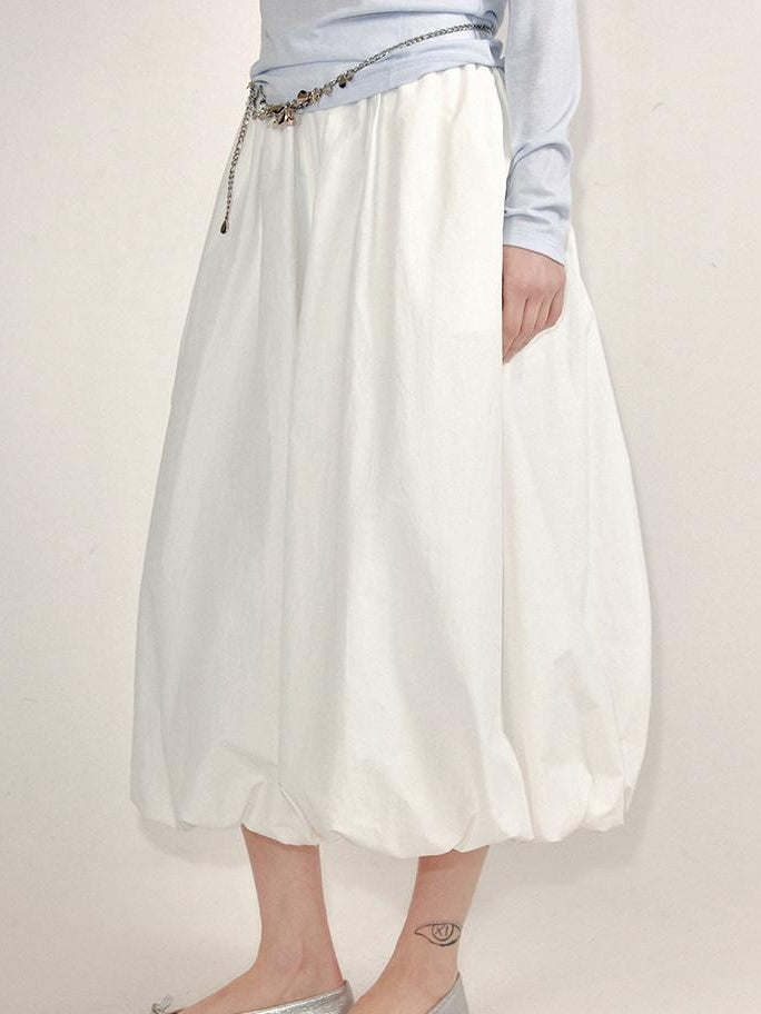 fano Lined Press Pleat A Line Bubble Mid Waist Women City Black White Midi Skirts