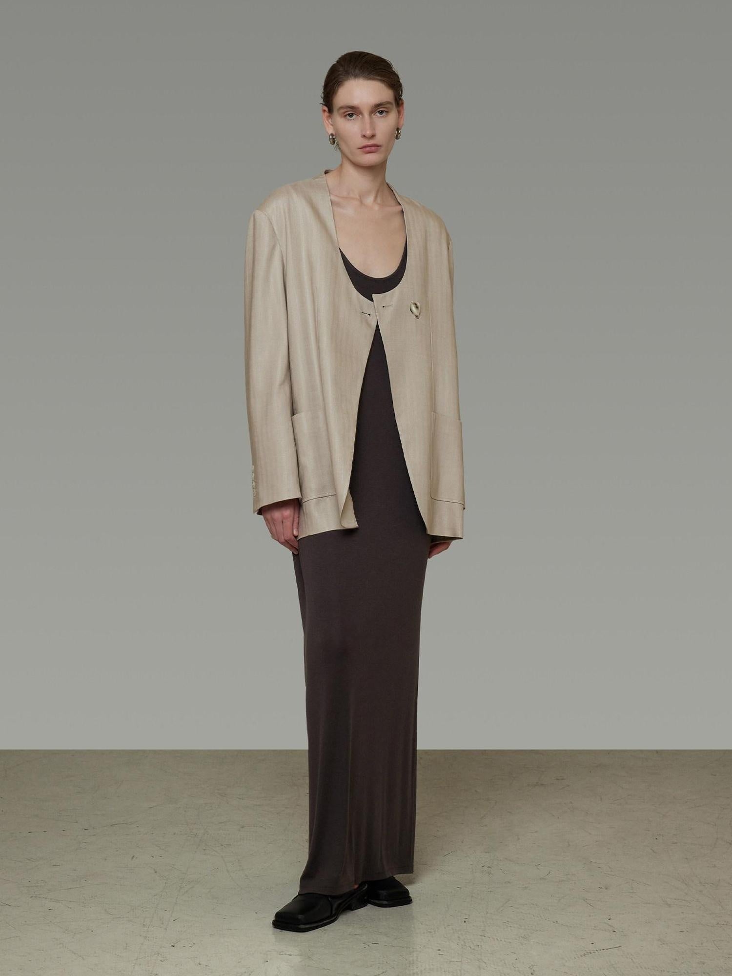 unspoken Breathable Tencel Loose Collarless No Button Minimalist Beige Women Blazers