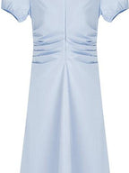 fano 100% Cotton Puff Sleeve A Line Natural Waist Solid Blue Zipper Maxi Dresses