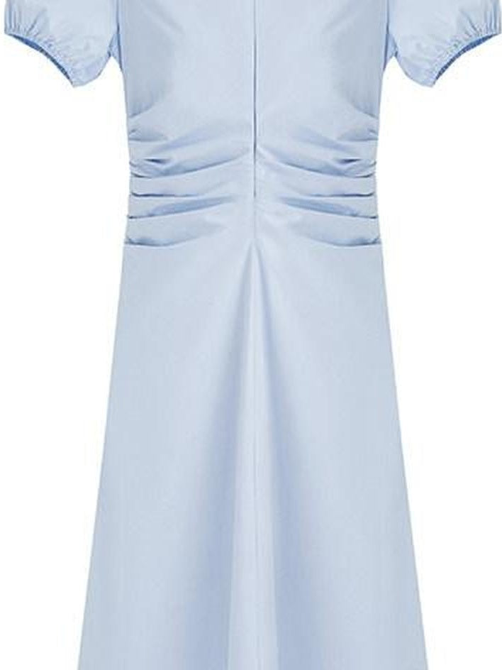 fano 100% Cotton Puff Sleeve A Line Natural Waist Solid Blue Zipper Maxi Dresses