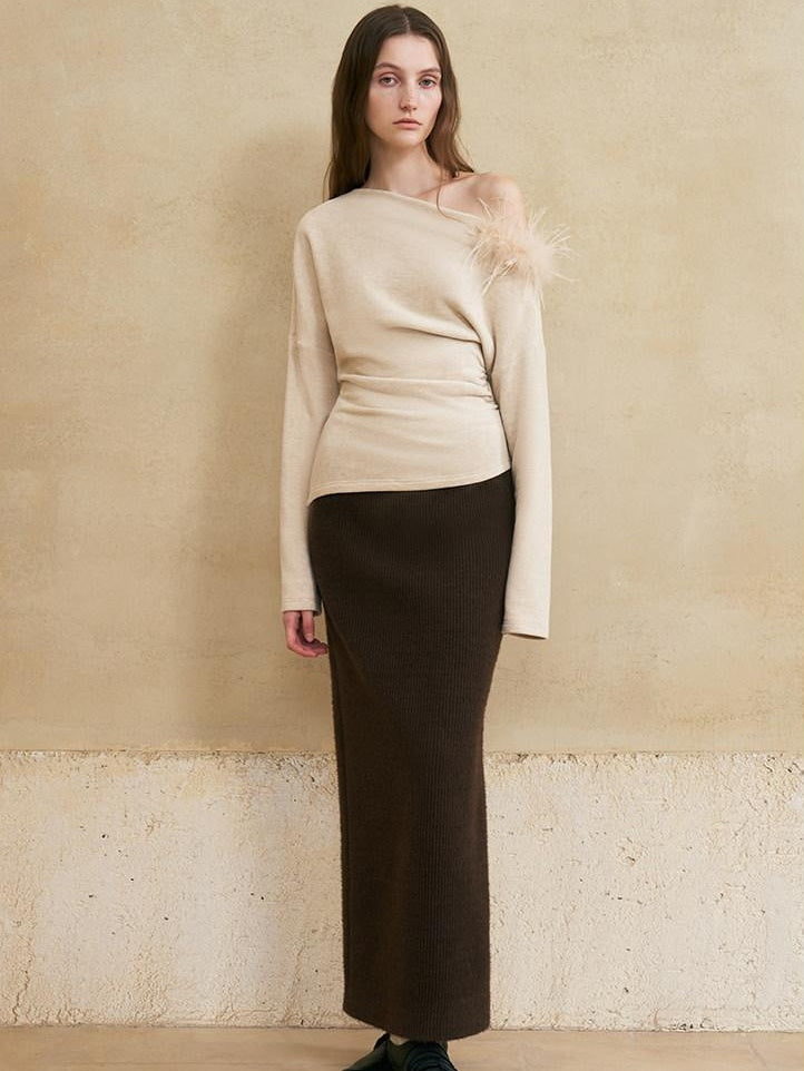 someone sometimes Lined Mid Waist Slit Casual Straight Knit Dark Brown Daily Maxi Skirts