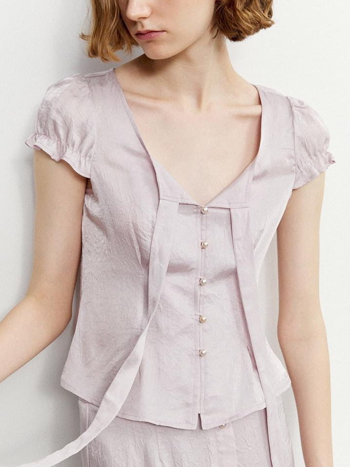 someone sometimes Tie Front V-neck Puff Sleeve Slim Casual Love Print Acetate Women Blouses