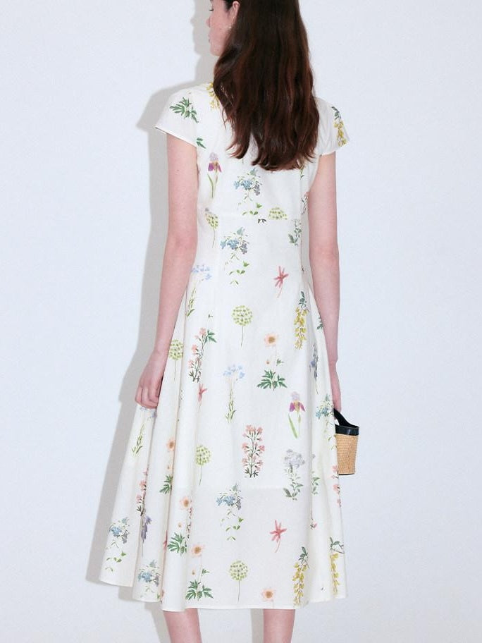 fano Cotton High Waist A Line V-neck Short Sleeve Floral Ivory Korean Maxi Dresses