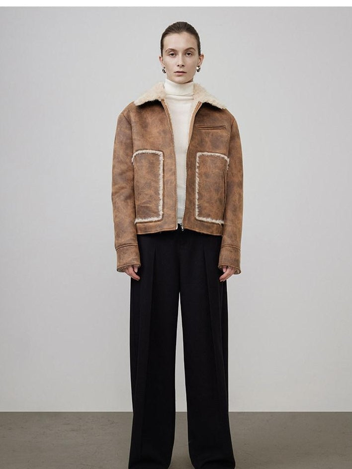 unspoken Faux Fur Lined Oversized Zip Pocket Barn Style Women Khaki Leather Jackets