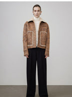 unspoken Faux Fur Lined Oversized Zip Pocket Barn Style Women Khaki Leather Jackets