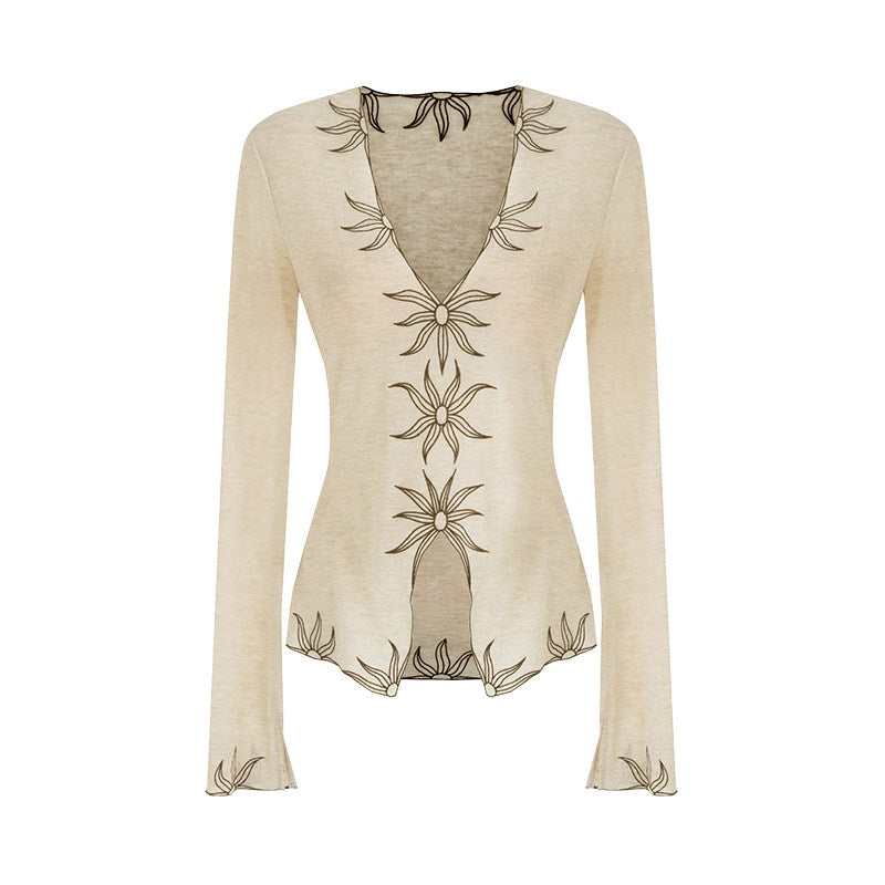 unspoken_Embroidered_Floral_V-neck_Slim_Fit_Bell_Sleeve_Casual_Women_Polyester_Blouses_MISSTT