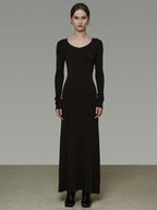 unspoken Breathable Minimalist High Waist Aline Knit Long Sleeve Women Black Maxi Dresses