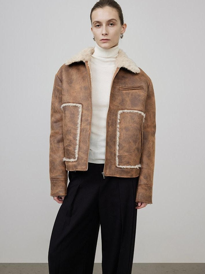 unspoken Faux Fur Lined Oversized Zip Pocket Barn Style Women Khaki Leather Jackets