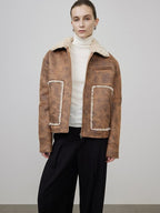 unspoken Faux Fur Lined Oversized Zip Pocket Barn Style Women Khaki Leather Jackets