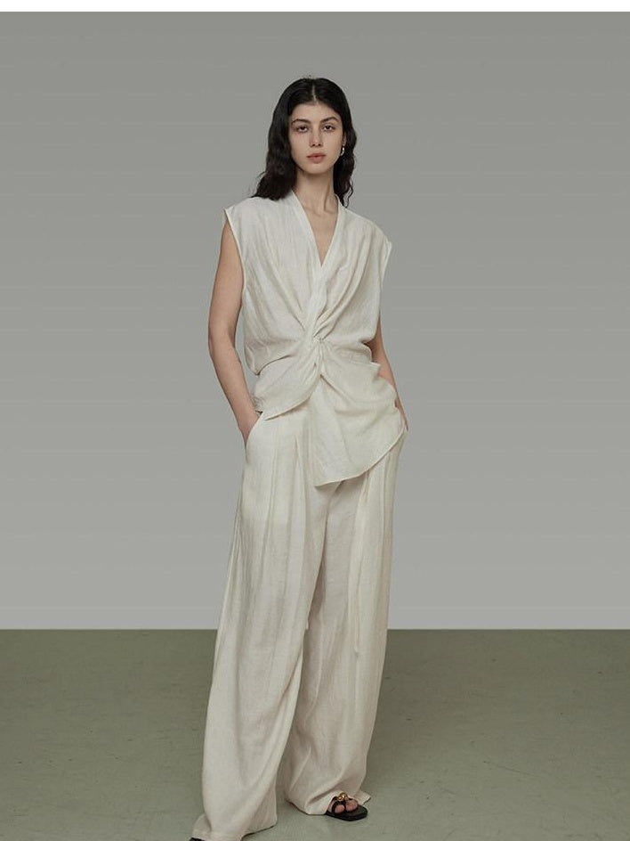 unspoken Breathable Linen Blend Sleeveless V-neck Tie Front Loose Fit Work White Blouses
