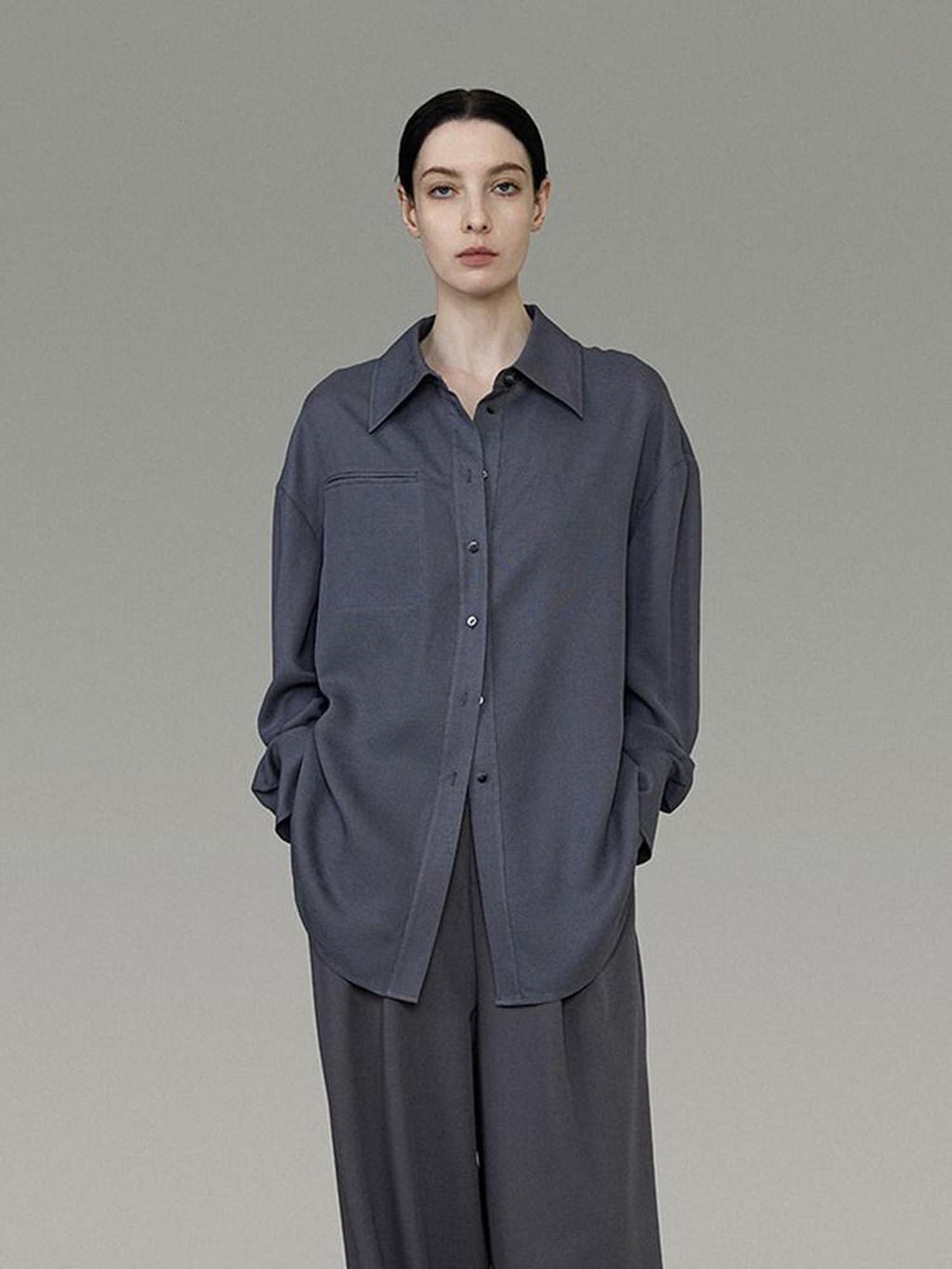 unspoken Skin Friendly Breathable Polyester Blend Loose Fit Blazer Collar Gray Shirts