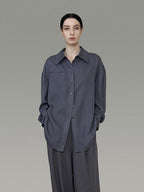 unspoken Skin Friendly Breathable Polyester Blend Loose Fit Blazer Collar Gray Shirts