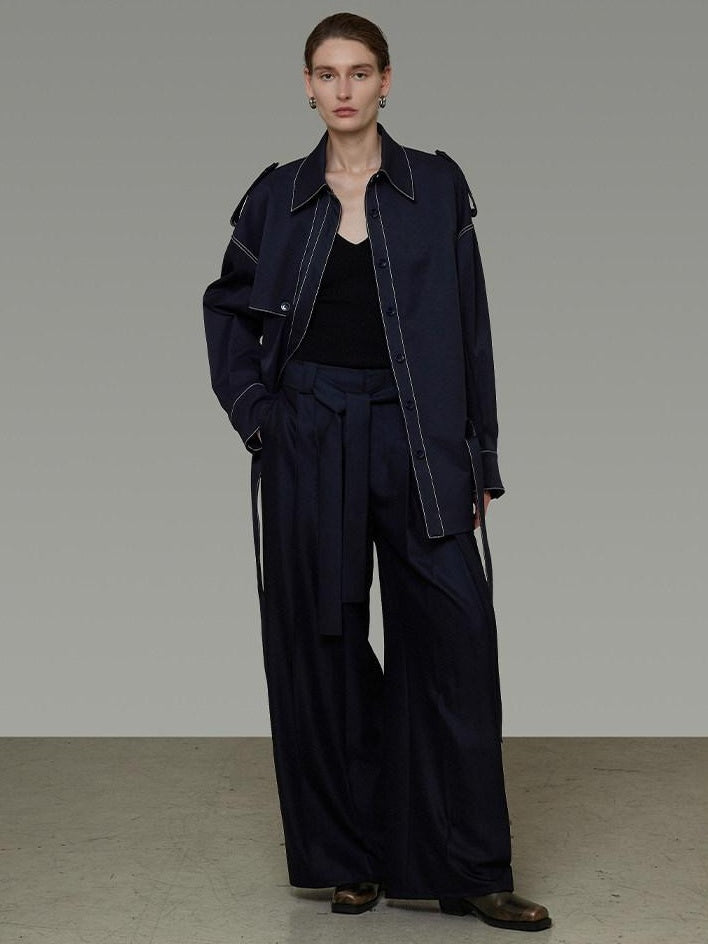 unspoken Vintage Loose Fit Irregular Pocket Detail Women Navy Polyester Trench Coats