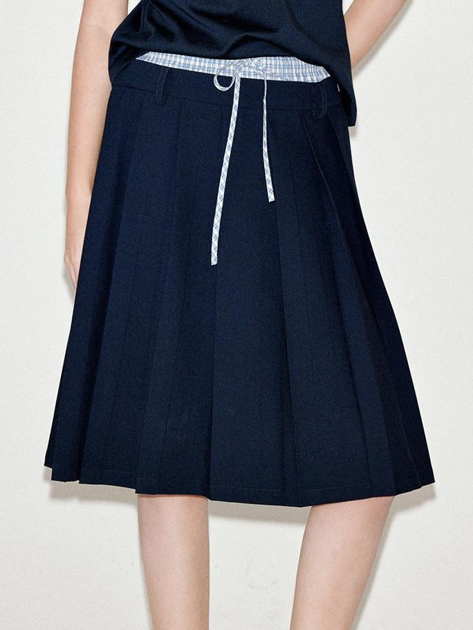 fano Classic Pleated Mid Waist Korean Office Navy Polyester Rayon Midi Skirts