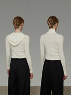 unspoken Pure Wool Soft V-neck Hooded Slim Fit Commuter Women Knit Sweaters