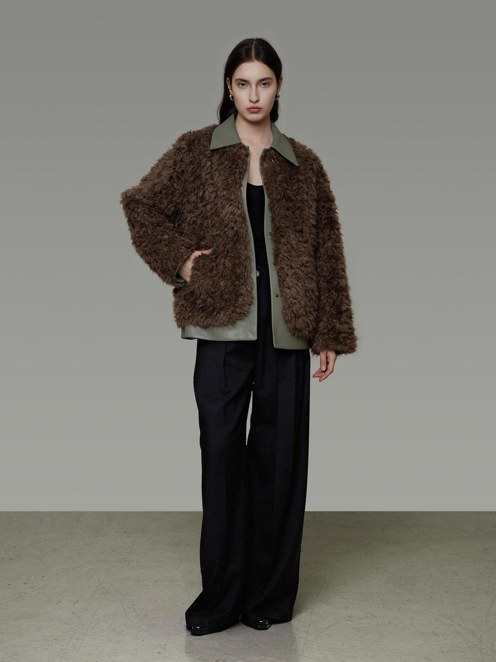 unspoken Warm Patchwork Lapel Loose Fit Minimalist Women Chestnut Short Coat