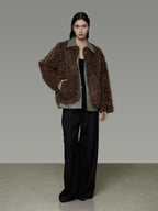unspoken Warm Patchwork Lapel Loose Fit Minimalist Women Chestnut Short Coat