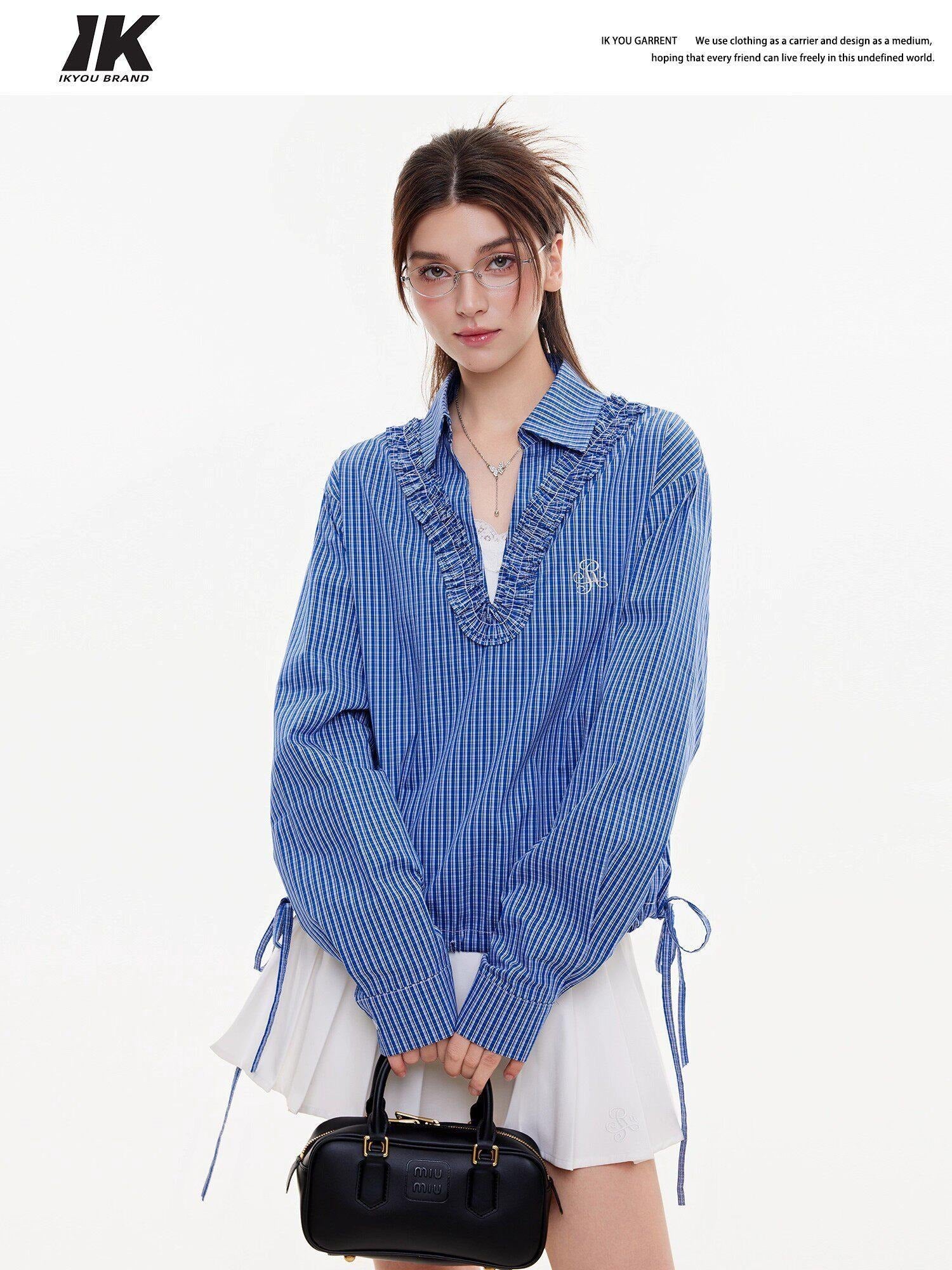 ikyou Slimming Stain Resistant Casual Loose V-neck Embroidered Plaid Commuter Blouses