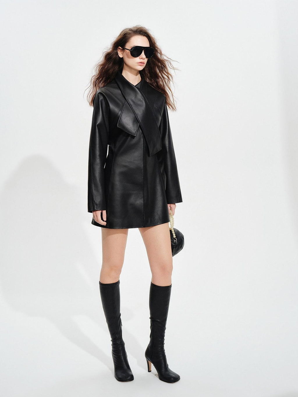 audreyyang Sheepskin Leather Cinched Waist French Tie Neck A Line Work Date Midi Dresses